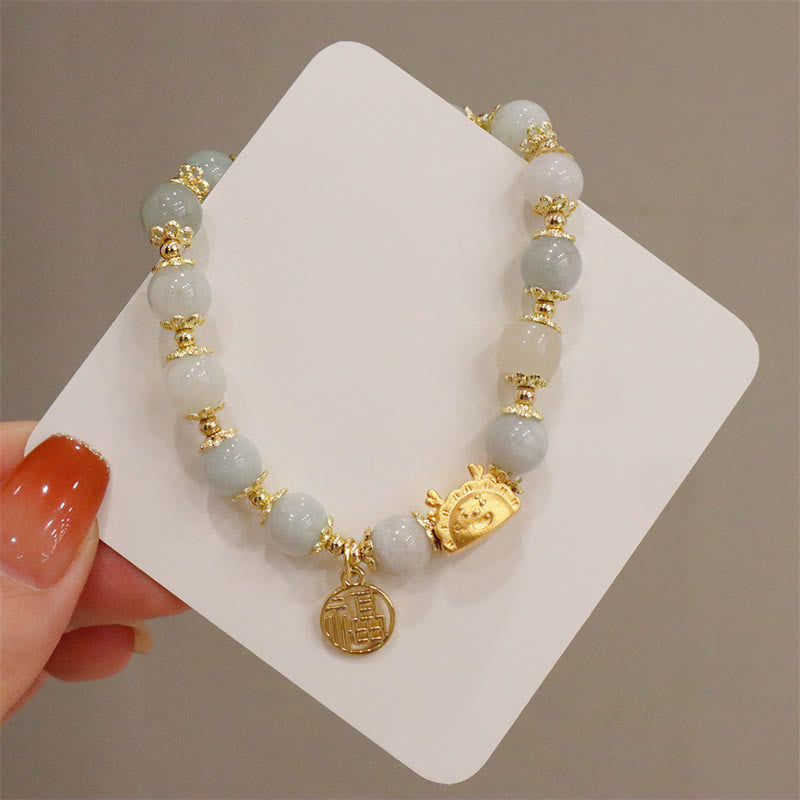 Buddha Stones Año del Dragón Ágata roja Cuarzo fresa Obsidiana negra Jade Granate Perla Cinabrio Bola de masa Dragón Suerte Fu Pulsera con personajes