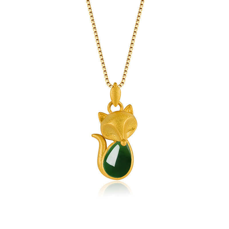 Colgante de collar con diseño de zorro de calcedonia verde con Buddha Stones
