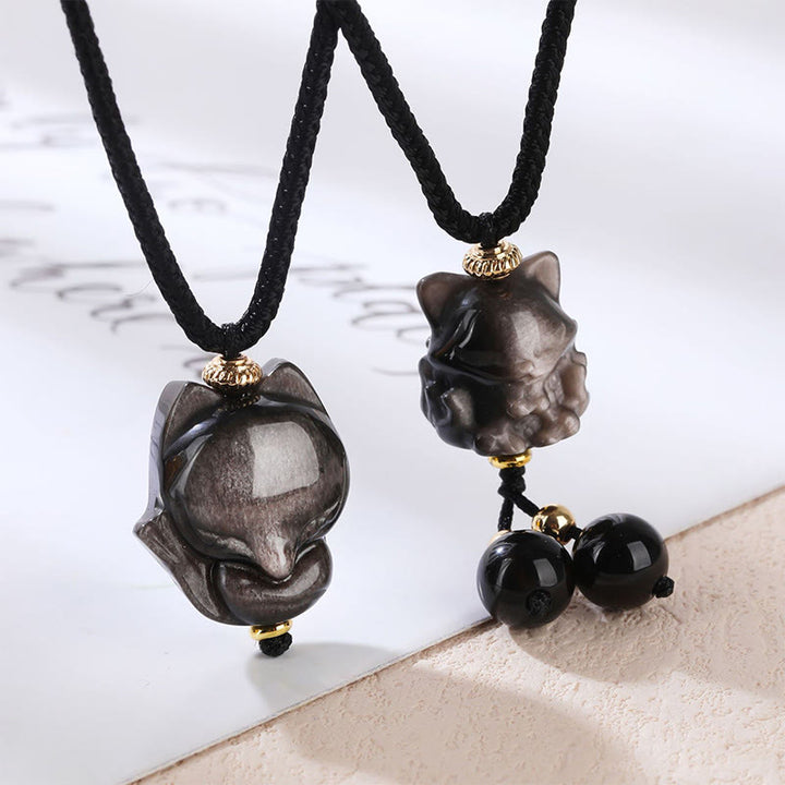 Colgante de collar de protección de zorro de nueve colas de obsidiana brillante de plata natural con Buddha Stones