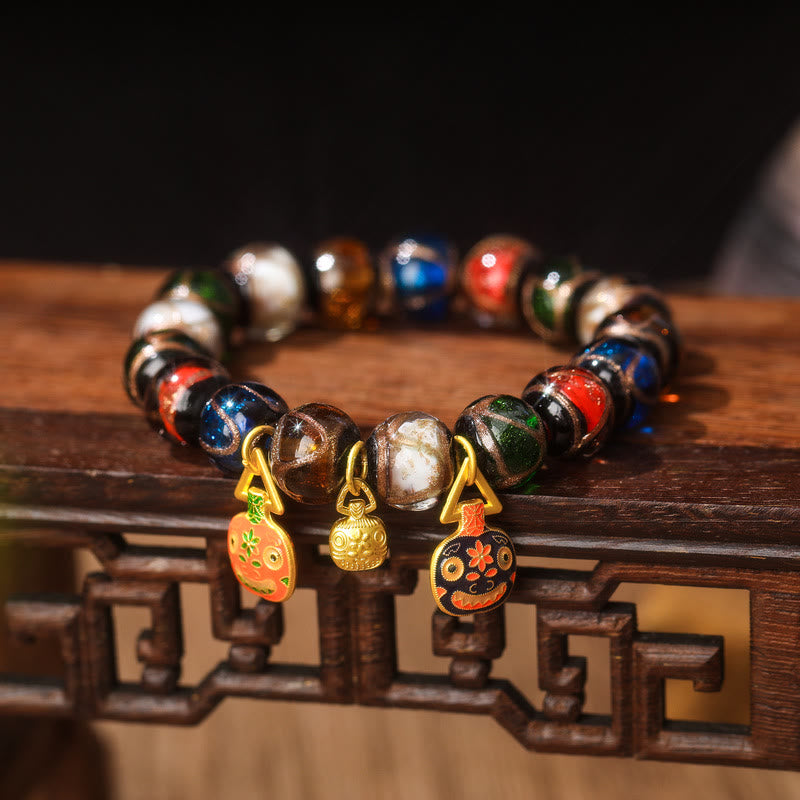 Pulsera de la suerte con cuentas de cristal Liuli, Buddha Stones, cinco elementos, oro, bestia tragadora, familia - Familia de bestias tragadoras de Liuli Glass Bead&Flat Orange Black Gold - 14 mm (15 cuentas) - image 6