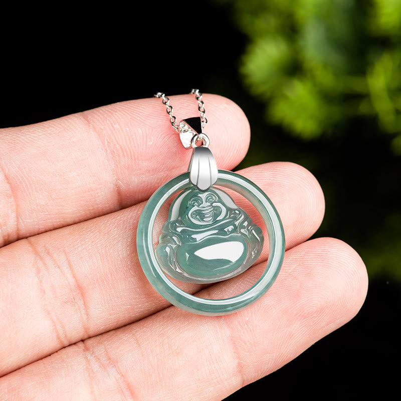 Buddha Stones de plata de ley 925, colgante de collar de cadena de abundancia de Buda sonriente redondo de Jade Natural