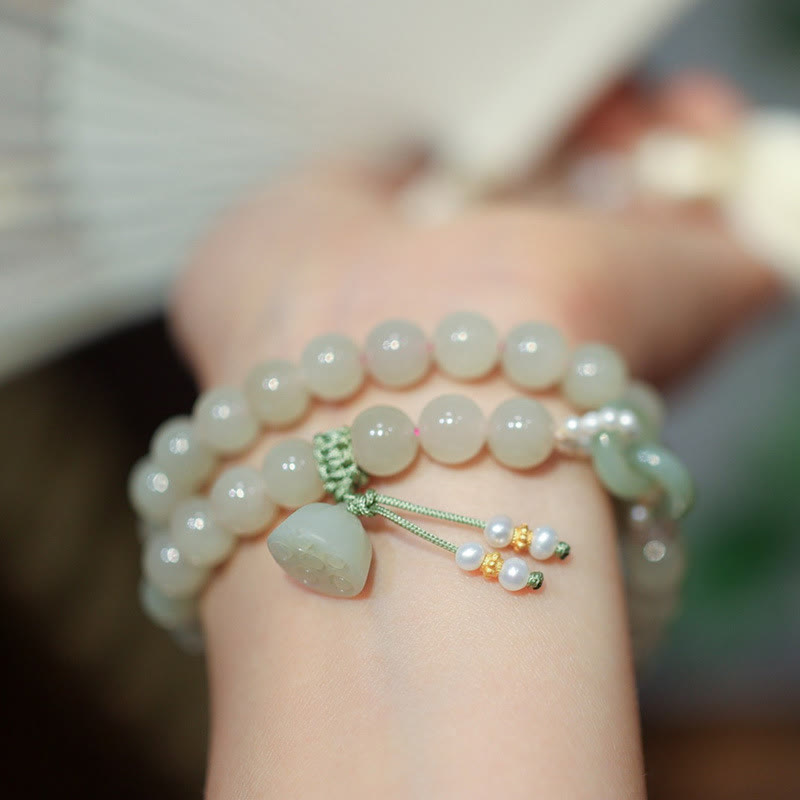 Pulsera de doble vuelta con doble hebilla de la paz y jade hetiano de plata de ley 925 con Buddha Stones