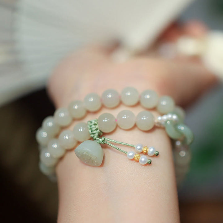 Pulsera de doble vuelta con doble hebilla de la paz y jade hetiano de plata de ley 925 con Buddha Stones