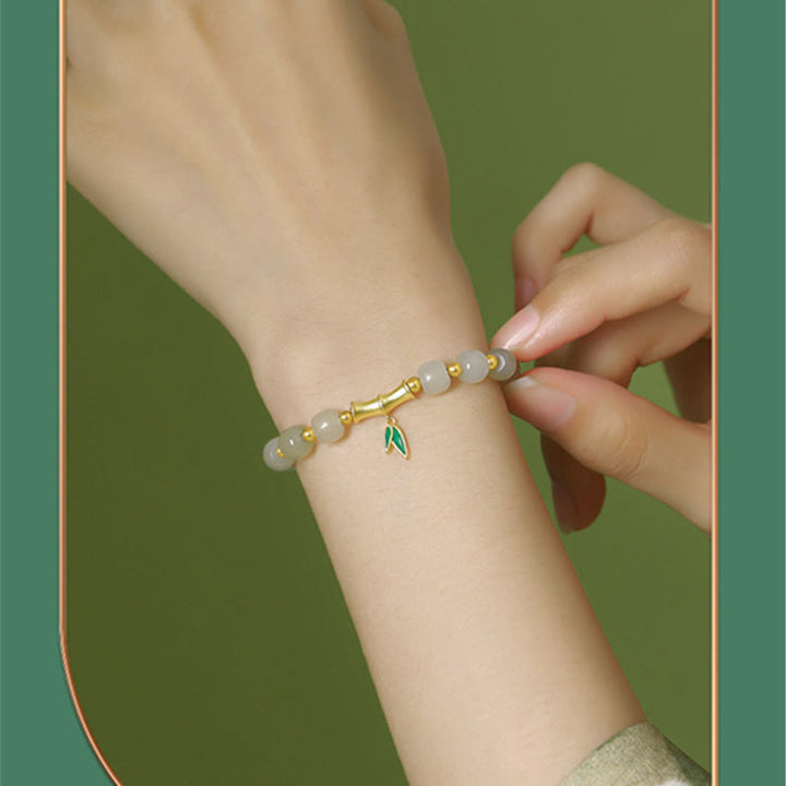 Pulsera de la suerte de bambú de jade blanco hetiano de plata de ley 925 con Buddha Stones - image 8