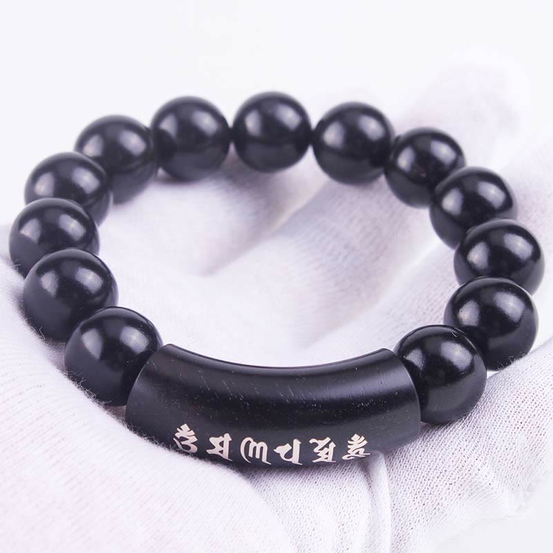 Pulsera de equilibrio con incrustaciones de Om Mani Padme Hum de madera de ébano de plata de ley 999 con Buddha Stones