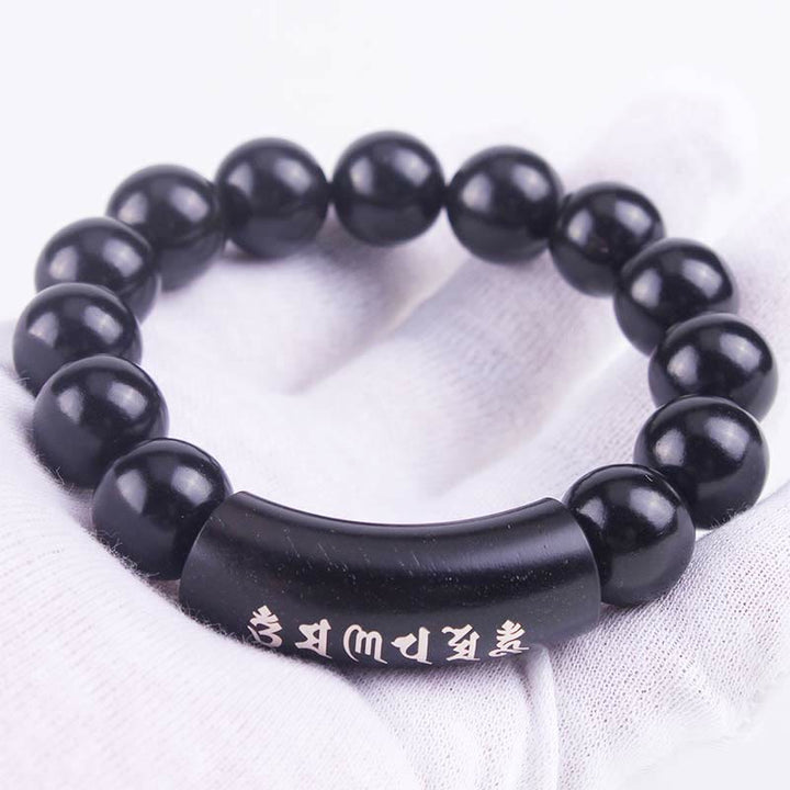 Pulsera de equilibrio con incrustaciones de Om Mani Padme Hum de madera de ébano de plata de ley 999 con Buddha Stones