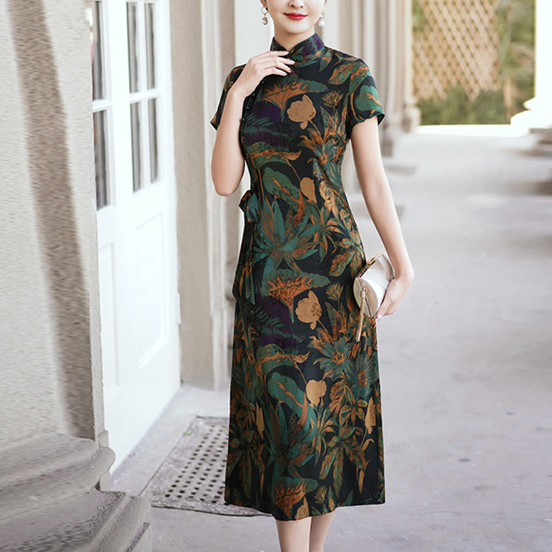 Vestido Qipao de seda con Buddha Stones, vestido Cheongsam con patrón de hojas y flores Retro para mujer