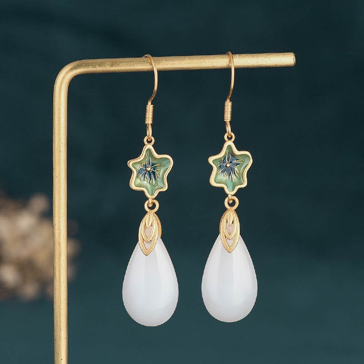 Pendientes colgantes de la suerte de jade blanco FengShui con Buddha Stones