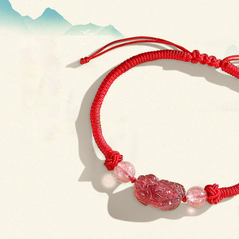 Pulsera trenzada de protección PiXiu de cuarzo fresa obsidiana con brillo de plata Natural hecha a mano con Buddha Stones - image 9