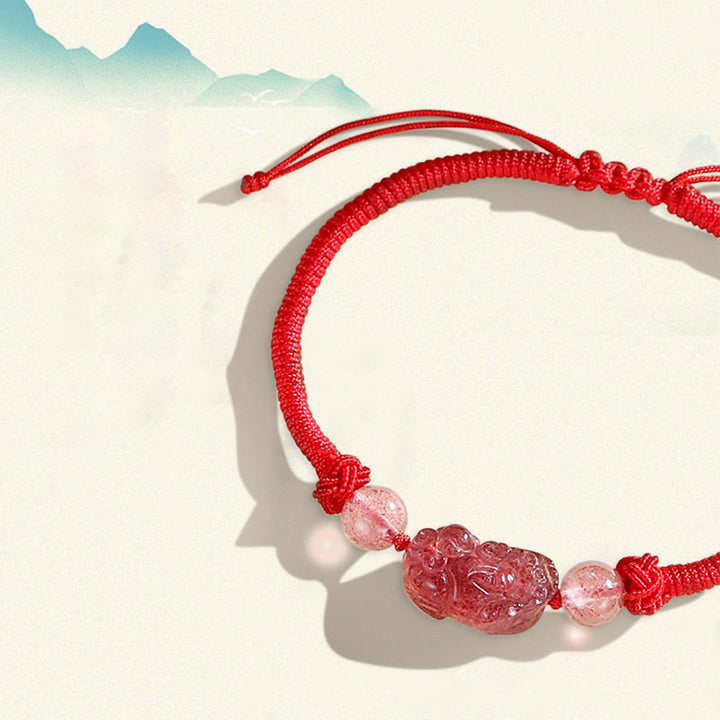 Pulsera trenzada de protección PiXiu de cuarzo fresa obsidiana con brillo de plata Natural hecha a mano con Buddha Stones - image 9