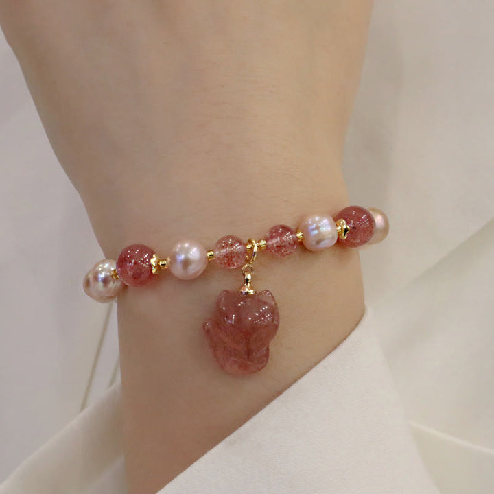 Pulsera con dije curativo de amor de zorro lindo de cuarzo fresa con Buddha Stones