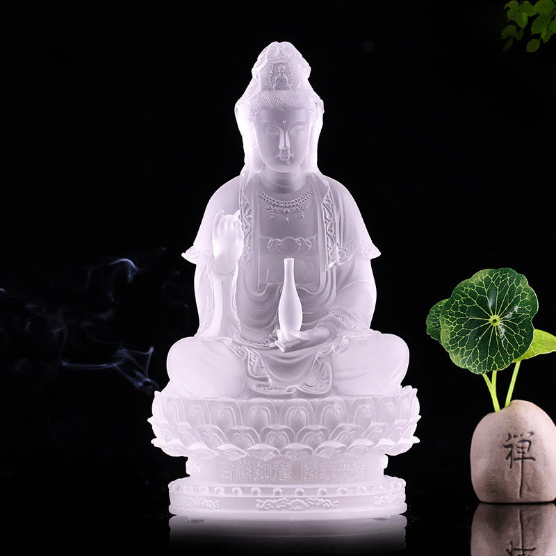 Buddha Stones Kwan Yin Avalokitesvara, estatuilla hecha a mano, pieza de arte de cristal Liuli, estatua de riqueza, decoración para el hogar - Blanco de 23 cm - image 4