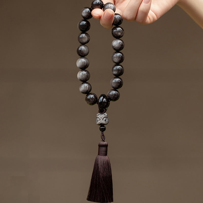 Obsidiana con brillo de plata Natural, León de obsidiana negra, protección Mala para muñeca, borlas, bolsillo, decoración para coche
