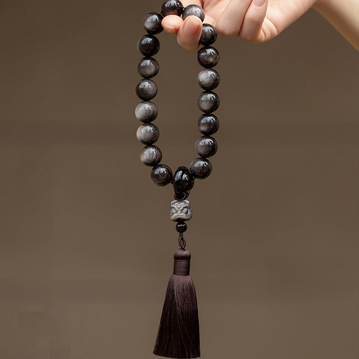 Obsidiana con brillo de plata Natural, León de obsidiana negra, protección Mala para muñeca, borlas, bolsillo, decoración para coche