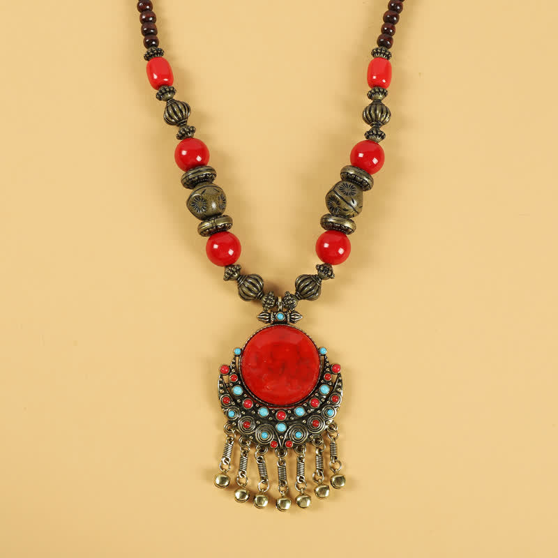 Accesorios para el cabello con borlas y cuentas retro tibetanas - Sol Luna-Rojo - image 0
