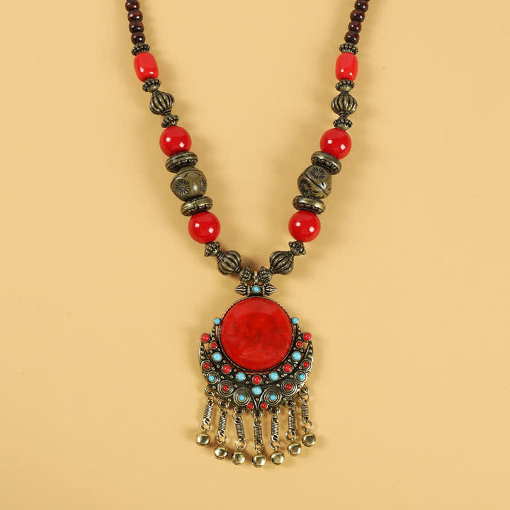 Accesorios para el cabello con borlas y cuentas retro tibetanas - Sol Luna-Rojo - image 0