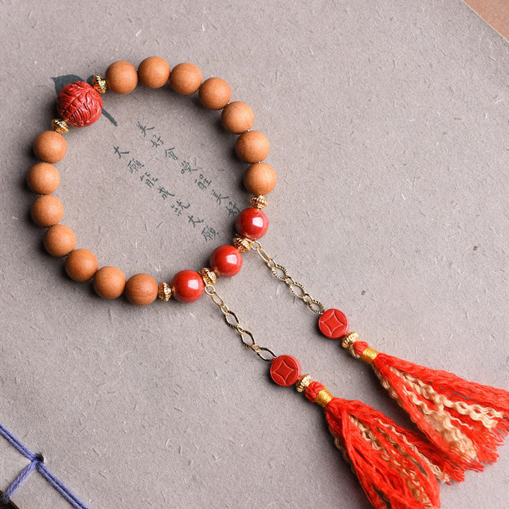 Pulsera de borlas de riqueza PiXiu de cinabrio de madera de melocotón Natural tibetana con Buddha Stones