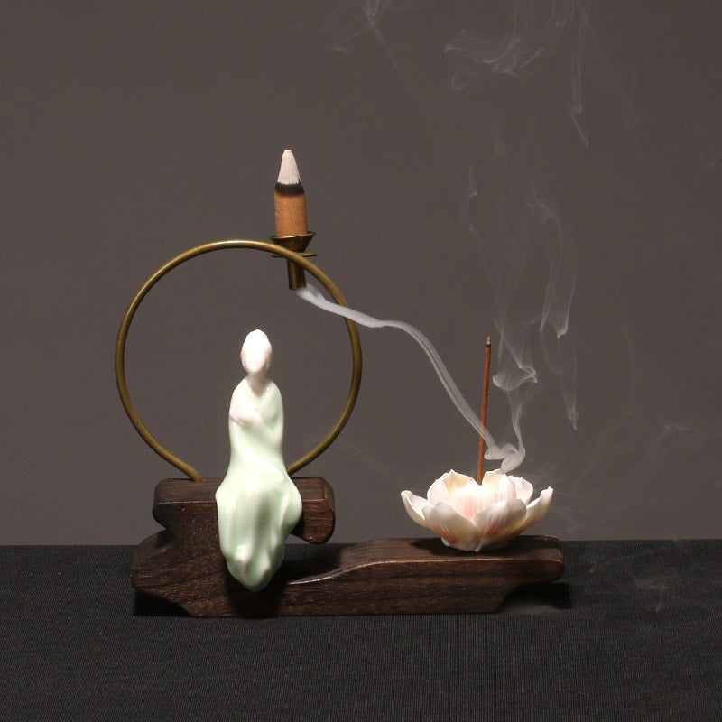 Quemador de incienso de meditación curativa de loto de cerámica con Buddha Stones , decoración