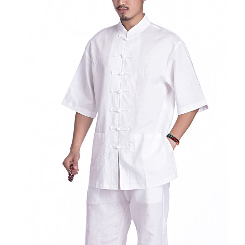 Conjunto de ropa para hombre, diseño de botones de rana china, Buddha Stones , meditación, oración, algodón, lino, espiritual, Zen, práctica de Yoga - Blanco (manga corta) - US/UK/AU44，EU54 (3XL) - image 21