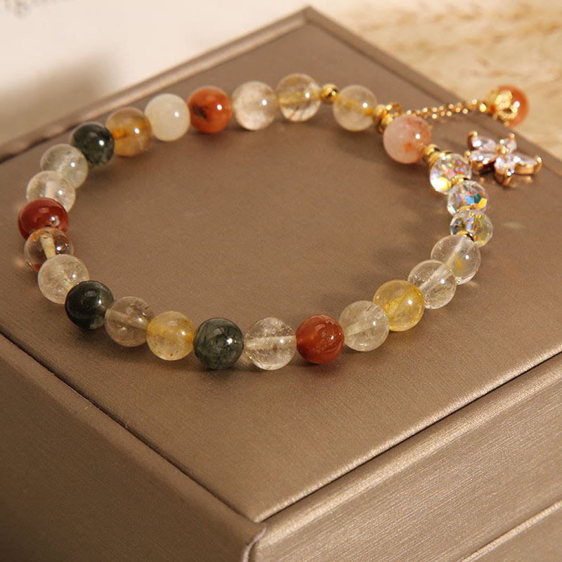 Pulsera de flores de circonio auspicioso de cuarzo rutilado multicolor con Buddha Stones