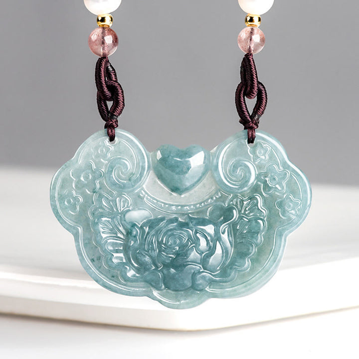 Buddha Stones Natural Jade Peonía Flor Candado de Buenos Deseos Prosperidad Collar Colgante