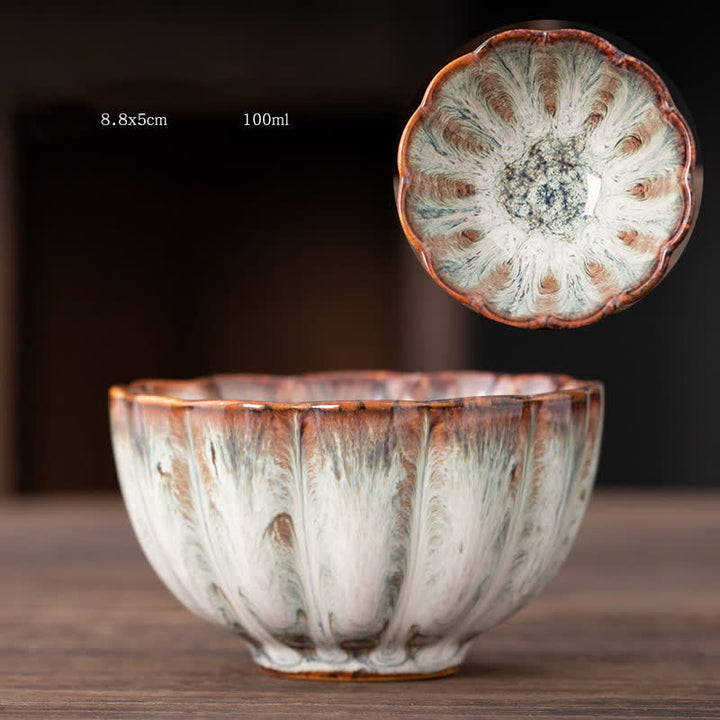 Tazas de té de cerámica con diseño de flor de melocotón y Buddha Stones