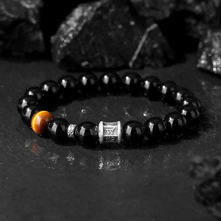 Pulsera de cumplimiento Om Mani Padme Hum de ojo de tigre de obsidiana negra de plata de ley 999 con Buddha Stones