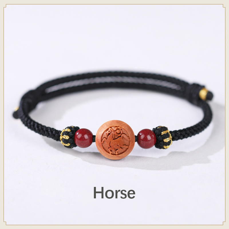 Pulsera de riqueza de cinabrio tallada con carácter del zodíaco chino, madera de melocotón Natural, Buddha Stones - Caballo negro (circunferencia de la muñeca 14-18 cm) - image 19