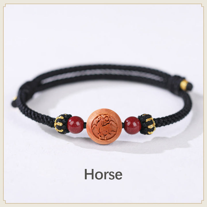 Pulsera de riqueza de cinabrio tallada con carácter del zodíaco chino, madera de melocotón Natural, Buddha Stones - Caballo negro (circunferencia de la muñeca 14-18 cm) - image 19