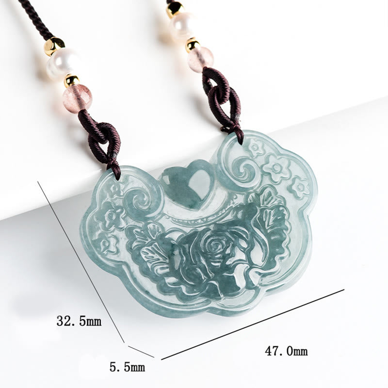 Buddha Stones Natural Jade Peonía Flor Candado de Buenos Deseos Prosperidad Collar Colgante