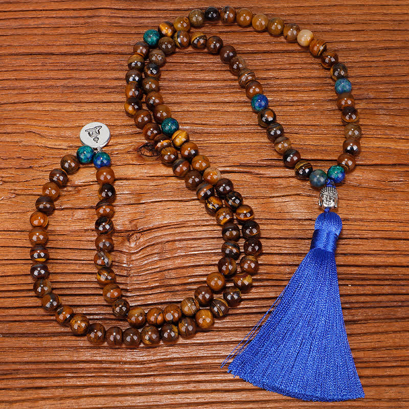 Buddha Stones 108 cuentas Mala, ojo de tigre, pulsera de fuerza de Buda, colgante de collar con borlas