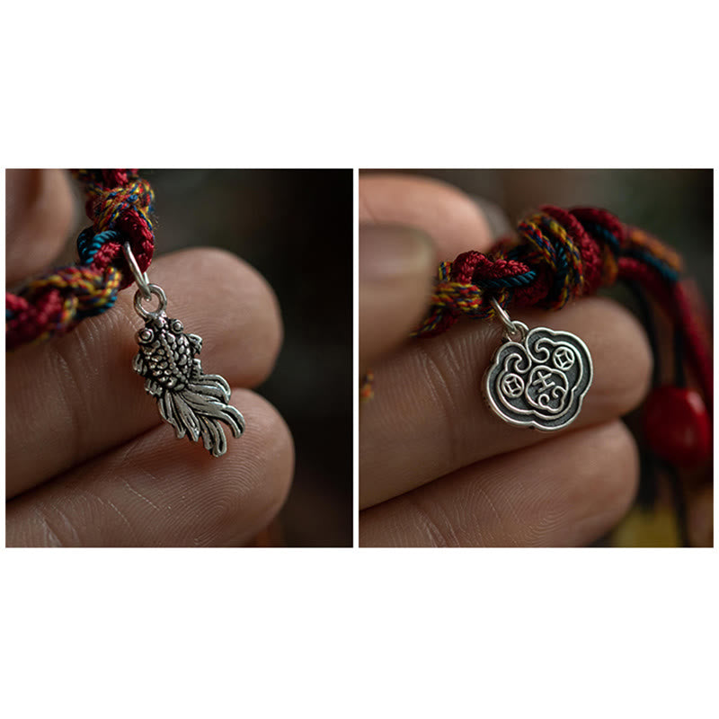 Pulsera de hilo de colores hecha a mano tibetana con Buddha Stones , Plata de Ley 925, protección de peces Koi, pulsera de cuerda resistente - image 11