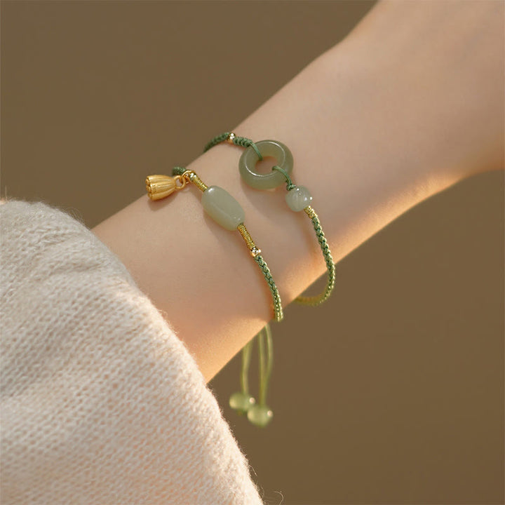 Buddha Stones Lotus Jade Paz Hebilla Cuenta Suerte Felicidad Charm Pulsera de cadena