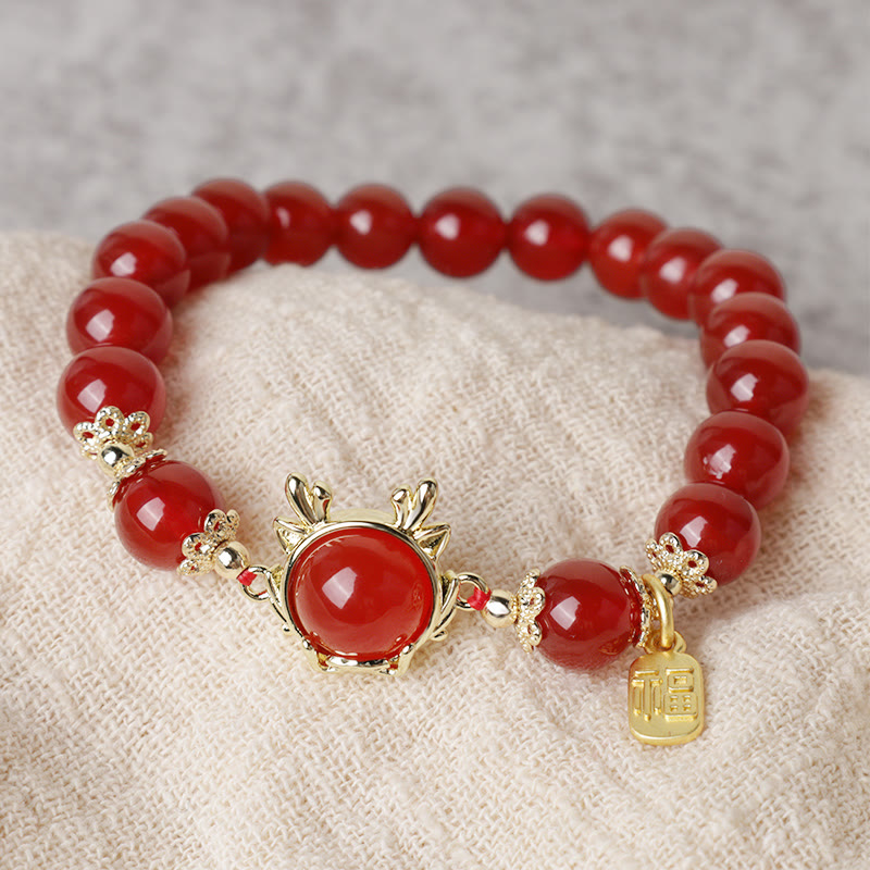 Buddha Stones Año del Dragón Ágata Roja Jade Hebilla de la Paz Pulsera de Éxito del Personaje Fu