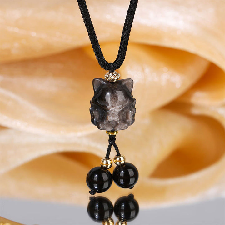 Colgante de collar de protección de zorro de nueve colas de obsidiana brillante de plata natural con Buddha Stones