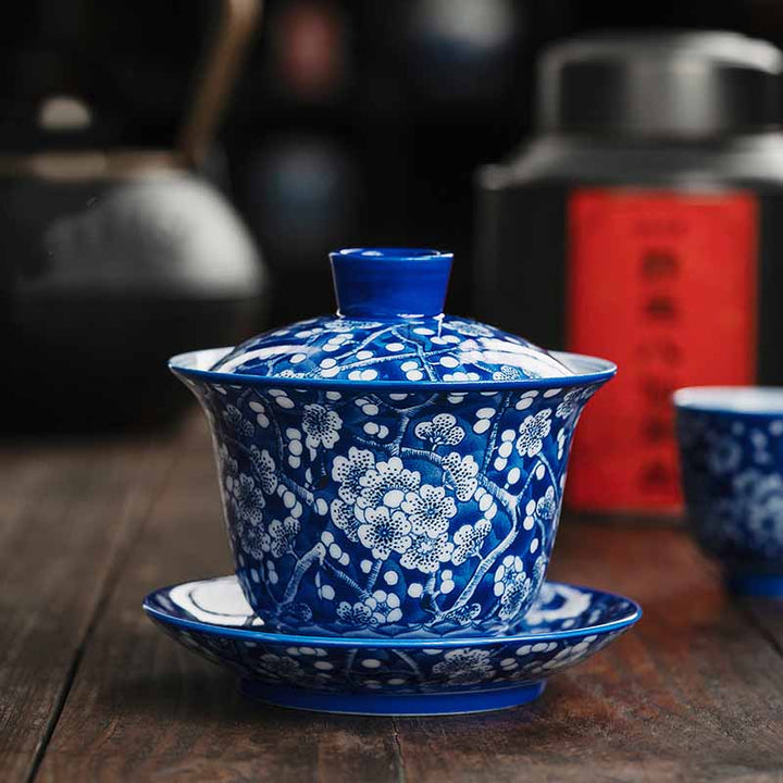 Taza de té de cerámica Gaiwan Sancai, taza de té de Kung Fu y platillo con tapa, Buddha Stones, flor de ciruelo, porcelana azul y blanca, 185ml