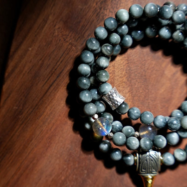 Buddha Stones Plata de Ley 925 108 Cuentas Mala Piedra Ojo de Águila Pulsera Positiva de Piedra Lunar