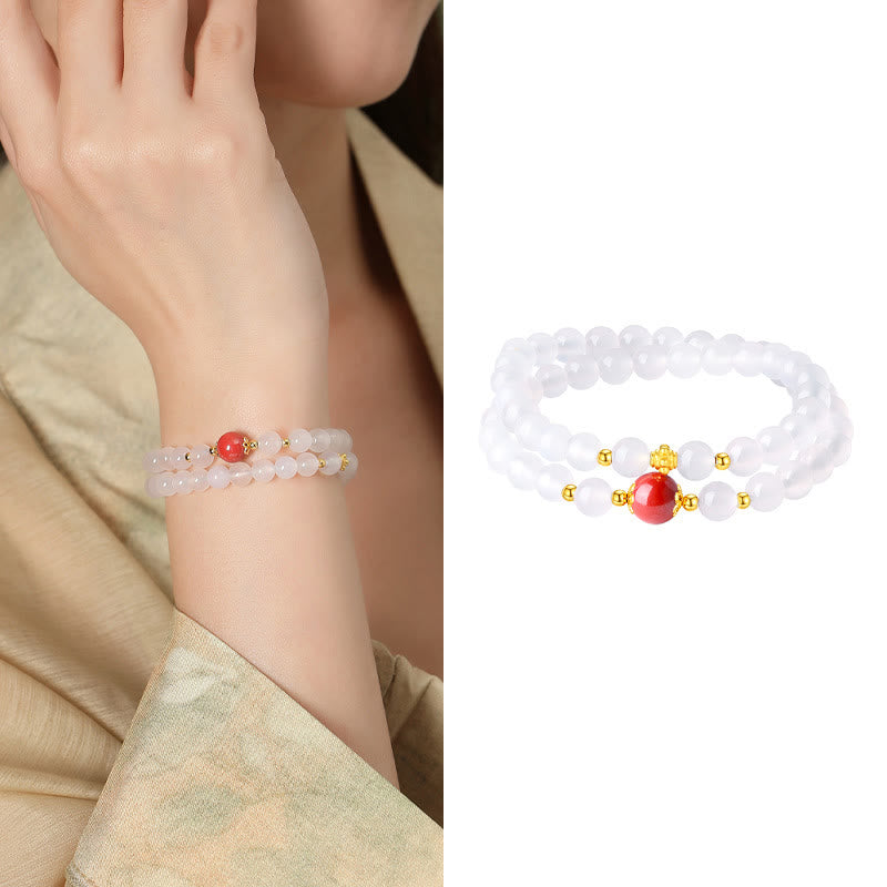 Pulsera de protección doble de cinabrio de ágata blanca natural de plata de ley 925 con Buddha Stones