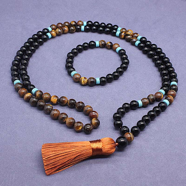 Juego de mala pacífica de ónix negro tibetano con Buddha Stones