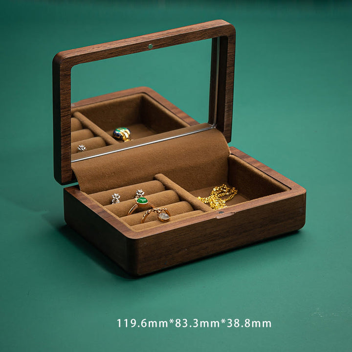Caja de almacenamiento de joyería vintage hecha a mano de madera de nogal negro con espejo