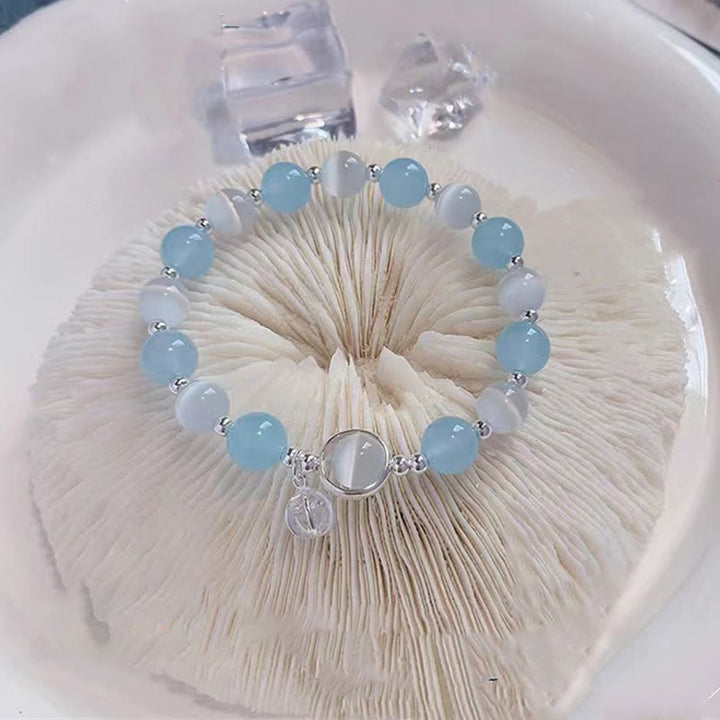 Pulsera con dije de soporte de aguamarina y ojo de gato de plata de ley 925 con Buddha Stones