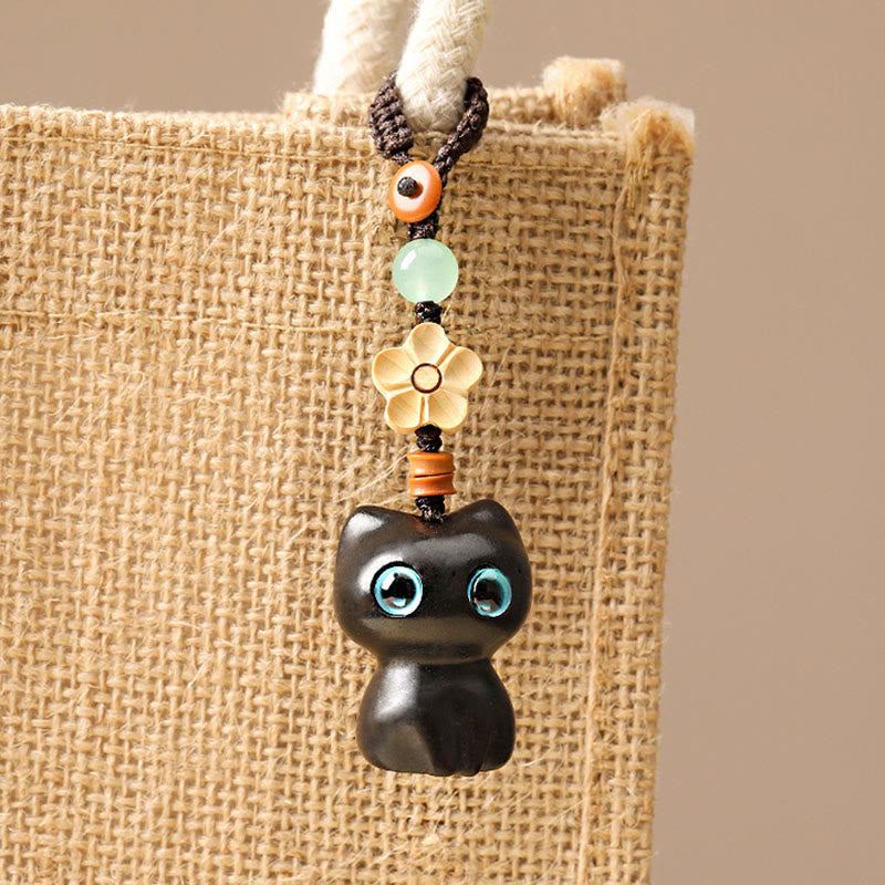 Buddha Stones, Mini hoja pequeña, sándalo rojo, madera de ébano, gato de la suerte, gatito encantador, llavero de la paz, decoración colgante para teléfono