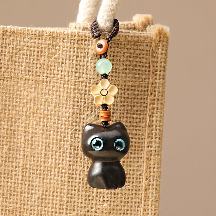 Buddha Stones, Mini hoja pequeña, sándalo rojo, madera de ébano, gato de la suerte, gatito encantador, llavero de la paz, decoración colgante para teléfono