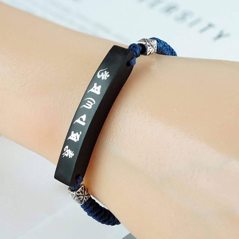 Pulsera de protección con incrustaciones de plata y madera de ébano, seis palabras verdaderas, budismo de Buddha Stones