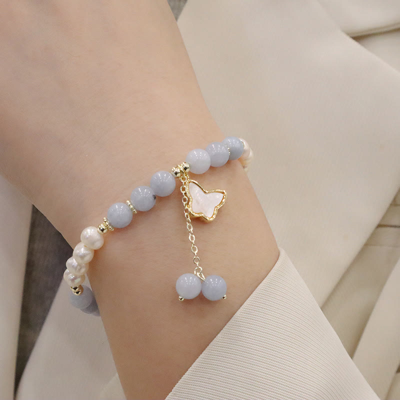 Pulsera con dije de mariposa y hoja de Ginkgo curativa con perlas de aguamarina naturales y Buddha Stones