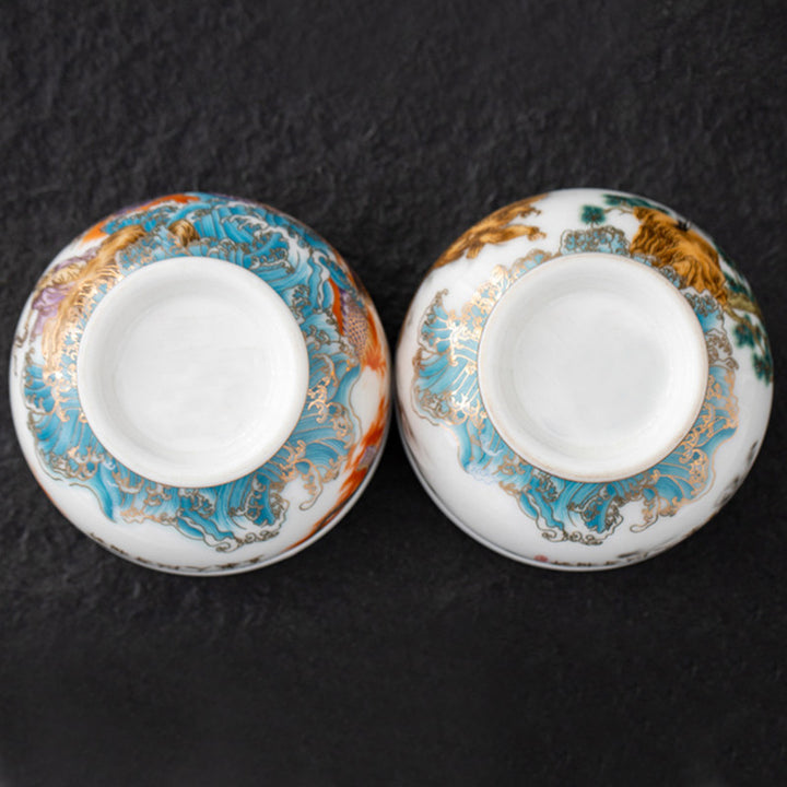 Taza de té de cerámica dorada con Buddha Stones, águila dorada, dragón auspicioso, sol, olas del océano, taza de té de Kung Fu