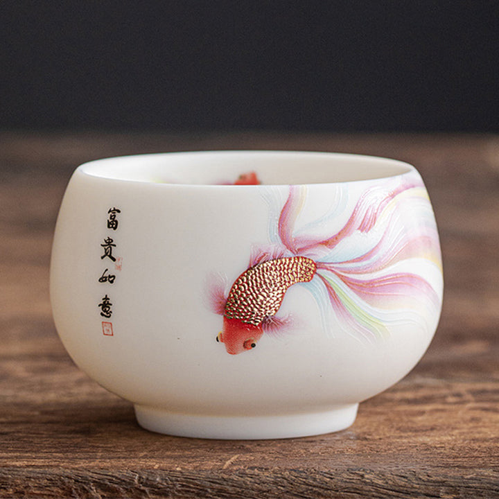 Taza de té de cerámica de porcelana blanca, pez Koi, Buddha Stones, taza de té de Kung Fu