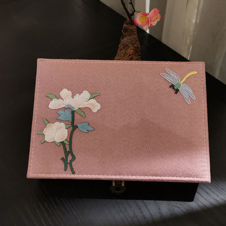 Caja organizadora de joyería con Buddha Stones , flores y libélula, caja de almacenamiento de joyería de una sola capa, caja de franela