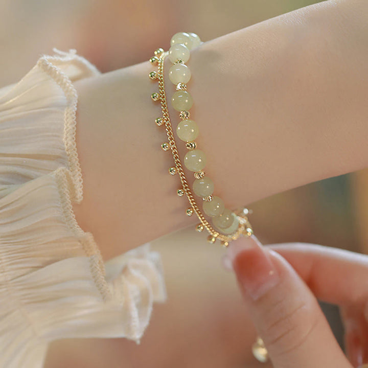 Pulsera de prosperidad de la suerte con cuentas de jade hetiano de 2 capas chapada en oro de 14 quilates