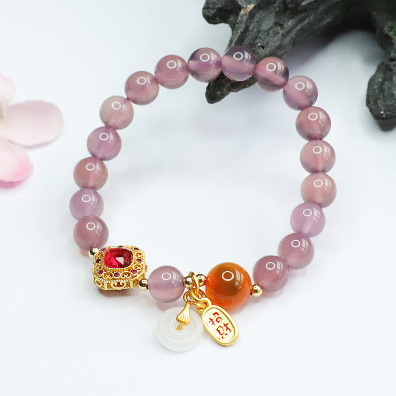 Buddha Stones, Calcedonia púrpura Natural, ágata de caramelo, hebilla de la paz, pulsera con amuleto de la suerte y la armonía